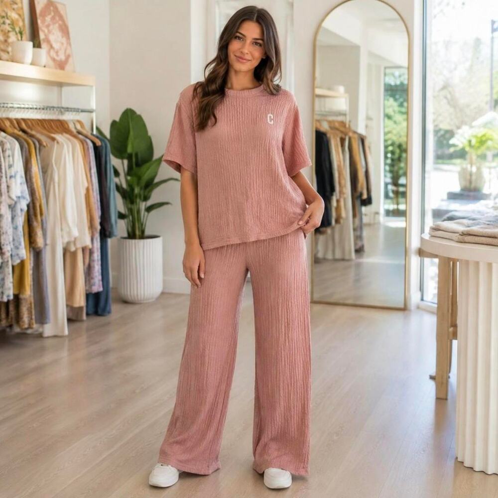 Dusty rose crinkle two piece set - One Size